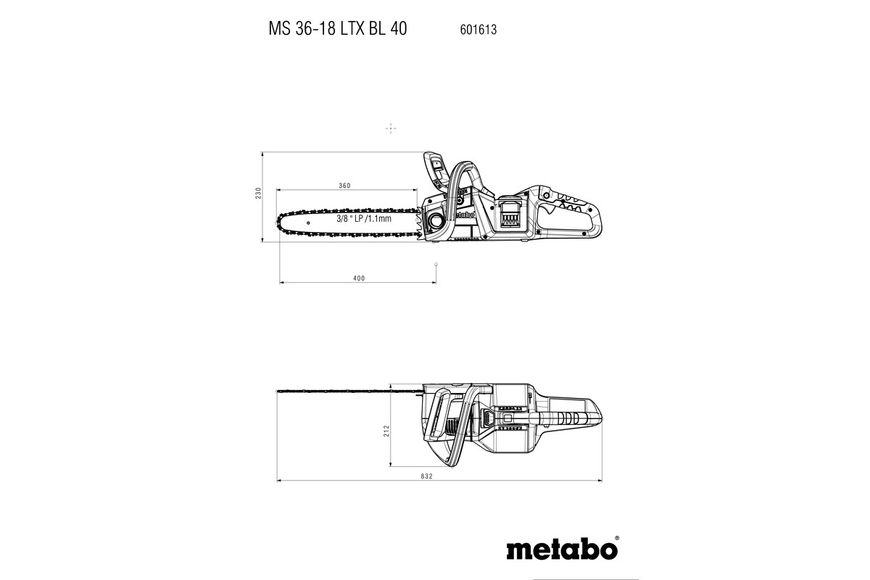 Пила цепная аккумуляторная Metabo MS 36-18 LTX BL 40 (Без АКБ) (601613850) 601613850 фото